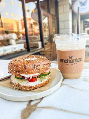 Lox Everything Bagel and Iced Duo Latte