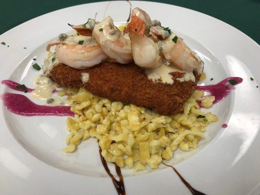 Pork Tenderloin cutlet, freshly poached shrimp, and  lemon pepper wine sauce