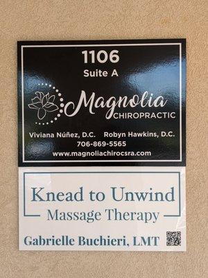 Knead to Unwind shares a lobby with the Magnolia Chiropractic office in Suite A