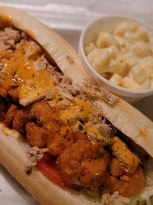 Shrimp and crab meat po boy with Mac and cheese.