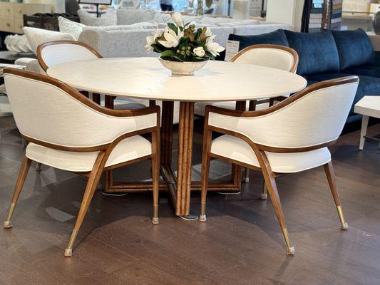 Tommy Bahama Marble table and fabric/wood chairs at our beautiful Mount Kisco 
Home Furnishings Design Center- 
Westchester House & Home