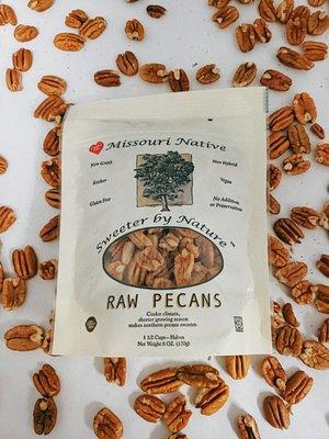 Missouri Native Pecans: Available in certified Organic & non-Organic. Offered in Halves & Pieces. 6 oz bags are shelf stable & reclosable.