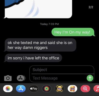 Very racist.Scott Francis sent this to a black customer. You can watch the video of him talking to the customer if you look him up on google