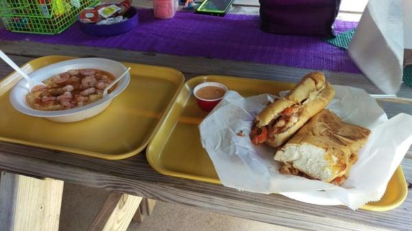 Lunch is served. Crawfish bread and shrimp and grits.