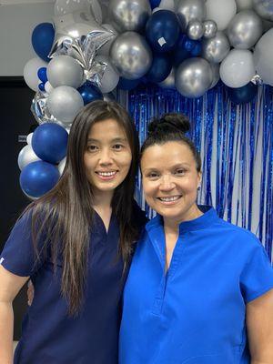 Both of their hygienist having fun while being at work