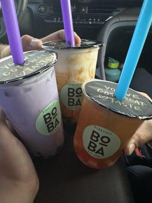 Taro milk tea, tiger brown sugar, lychee fruit tea