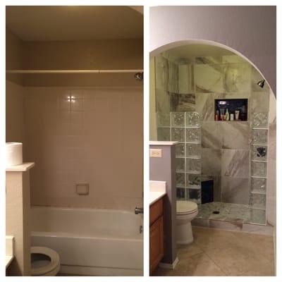 Before and after! Custom walk-in shower by Alliance Flooring