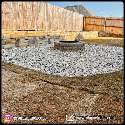 Retaining Wall, French Drain, Sod and Firepit Installation.