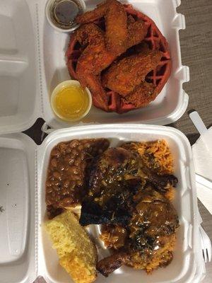 (Top) Chicken and Red Velvet waffle,  (Bottom) Jerk chicken over rice with a side of beans and cornbread