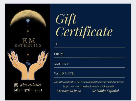 GIFT CERTIFICATES available online or in person. Follow us on Instagram @km.esthetics