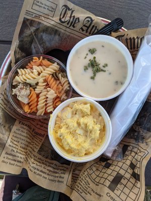 Potato soup, egg salad and pasta salad. $10 lunch meal deal with a scoop of ice cream and tea/water.