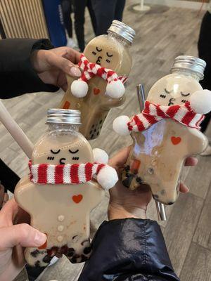 Milk teas in the limited edition gingerbread bottles