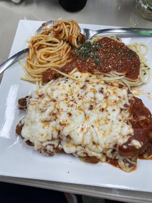 Double stacked chicken parm w/spaghetti