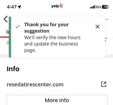 Reporting to Yelp that Yelp hasn't updated the hours for this business even though they have been repeatedly notified by the owner.