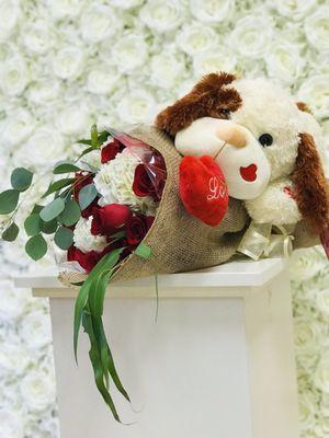 Custom flower arrangement with teddy bear