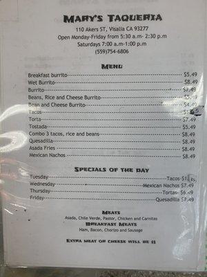 Menu, hours, and contact info.