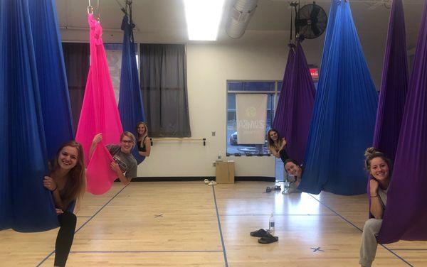 Experience a relaxing hour of guided meditation in one of our silks- anti-gravity cocoon style!