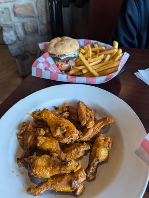 8 oz cheese burger with fries and hot wings