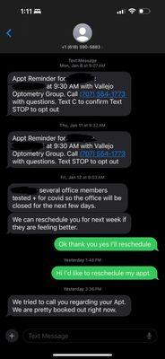 Text messages between me and Vallejo Optometry Group