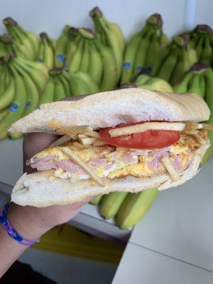 Pan con Tortilla fe jamón y queso con tomate y papitas!