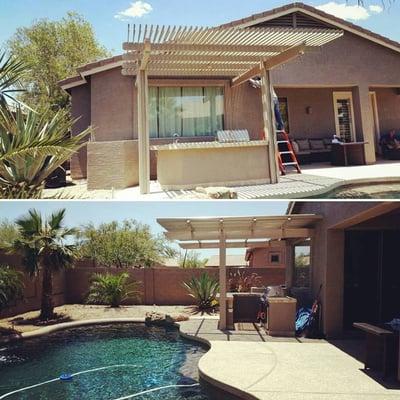 Adjustable Louver system patio cover over an outdoor bar/bbq.