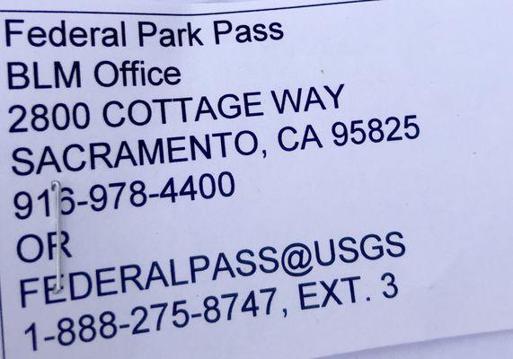 The Federal Pass aren't distributed at the State Resources Building State Of California; you must drive to the Federal Building!