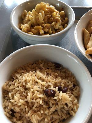 Side of rice and beans, mac and cheese, and fries