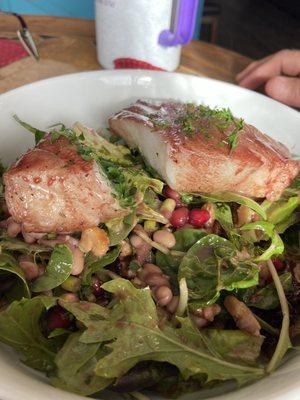 Roasted Sea Bass with greens and pomegranate vinegarette.