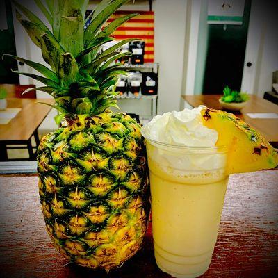 Real fruit smoothies. Pina Colada. Made to order. Whip cream and grass fed whey protein.