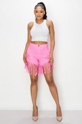 Pink fringe high waist denim shorts by Mint Leafe Boutique