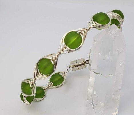 Green Sea glass beads in a Herringbone wrap Bangle Bracelet