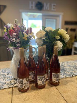 Flowers and wine from the farmers market.