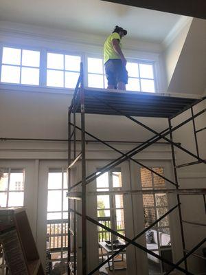 Replacing transom windows- they built the scaffolding inside and didn't leave a scratch!!