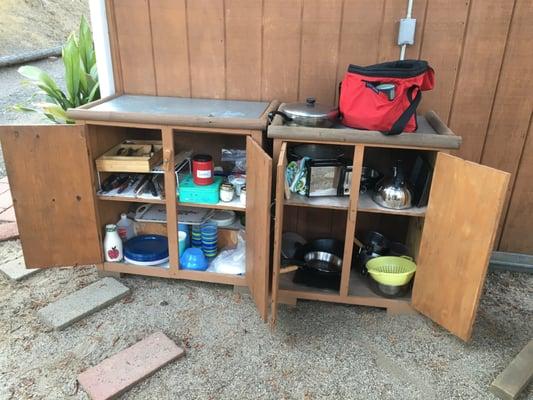 Outdoor kitchen cabinets include about everything you might need; pots pans, cutlery,toaster plates, bowls, cups, basic seasonings, & coffee