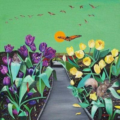 Purple and Yellow Tulips "30 x 30" Oil on Canvas For Sale