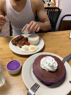 ube Pancakes and Lechon Kawali Silog