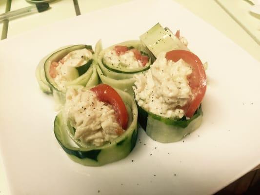 I'm so spoiled! Chicken salad with tomatoes wrapped in cucumber. Yum yum