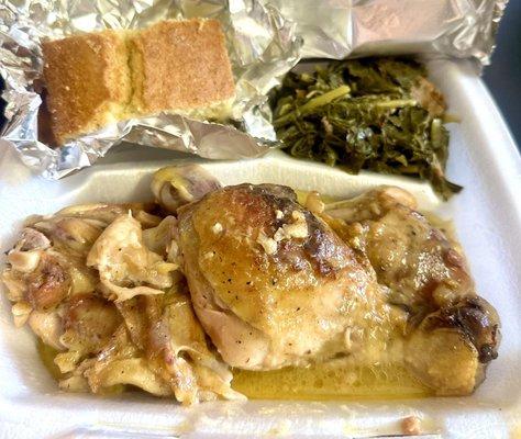 Baked Chicken in dressing with collard greens and cornbread - good!