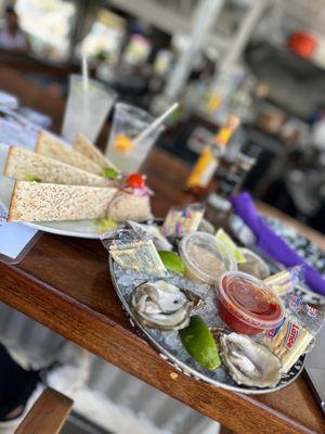 Smoked fish dip and oysters  with a margarita