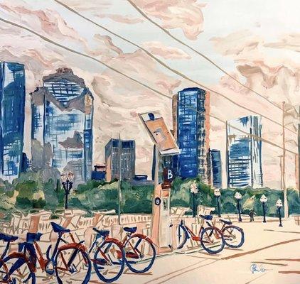 Acrylic painting of a city bicycle station in Houston, Texas.