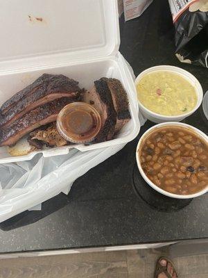 Short ribs, brisket, honey mustard potato salad and brisket baked beads.