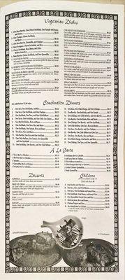 Menu - Vegetarian, Combination Dinners, A La Carte, Desserts, Children's