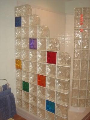 glass block shower with colored glass blocks