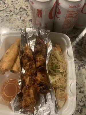 Chicken on a stick combo with pancit