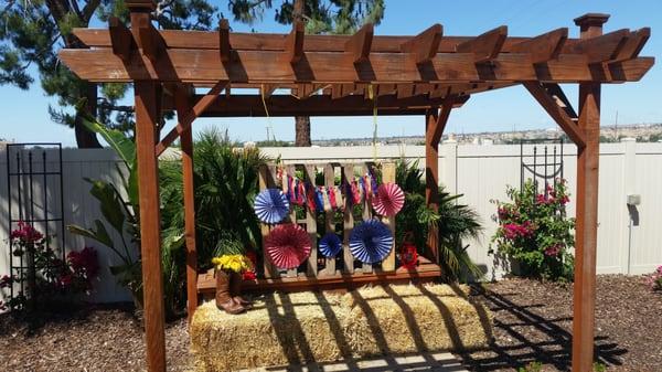 Outdoor waterfall decorated for a birthday party