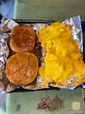 Sweet heat pulled pork sandwiches with cheese fries!