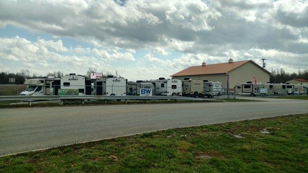 KY RV Sales, next to Parkway Plaza Mall in Madisonville, KY has a variety of RV types to choose from on the lot.