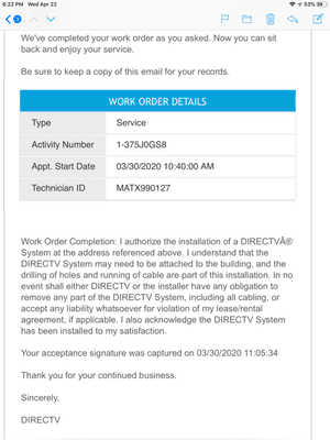 This is the work order that was originally called in.  Notice that the technician arrived at 10:40am and was done at 11:05am.  25 minutes.