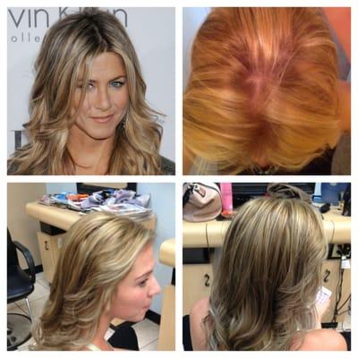 Inspiration for the color. Top right is what another salon did. Bottom pics are how I corrected her color.