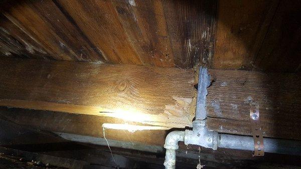 Gas line drilled vertically through a floor joist, found during a recent home inspection